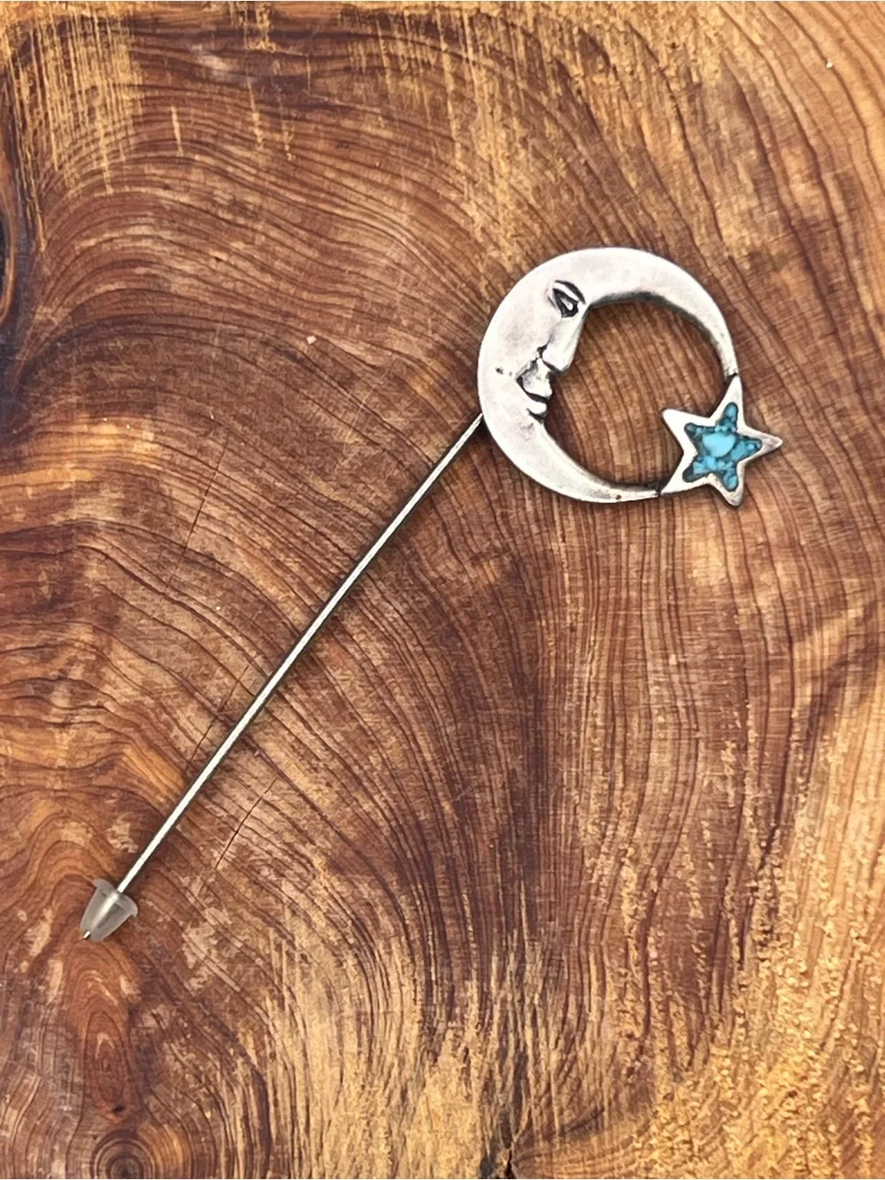 Sterling Silver & Crushed Turquoise Moon and Star Stick Pin